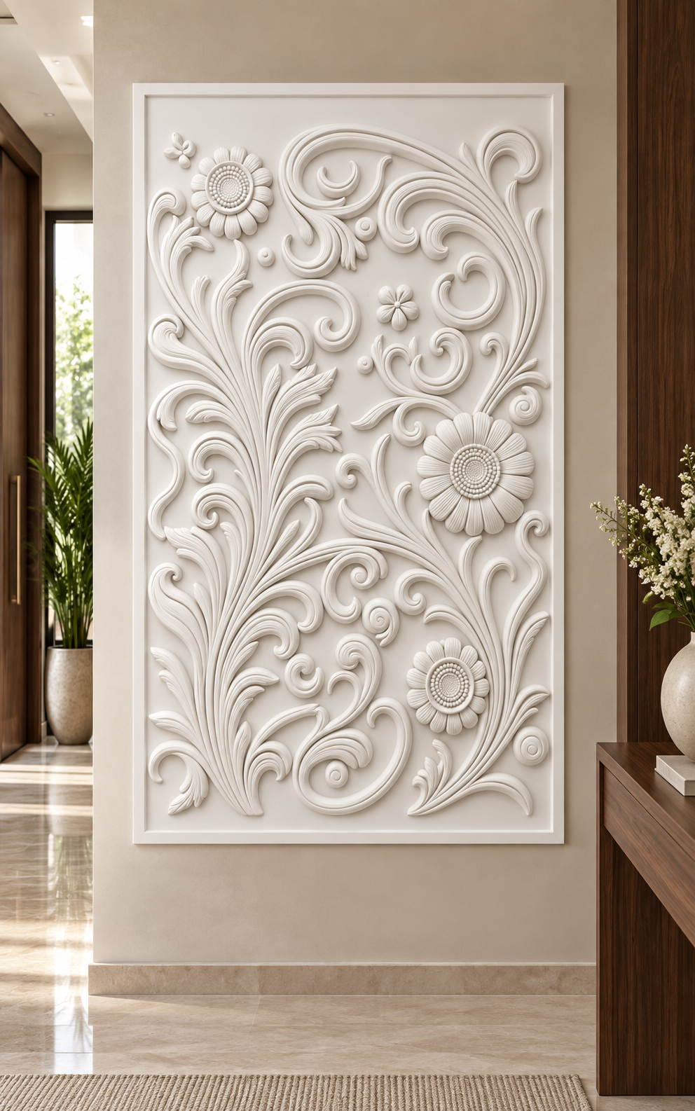 Sunflower Acanthus Scroll Corian wall panel front view in mushroom-toned Mumbai entrance foyer with a walnut console