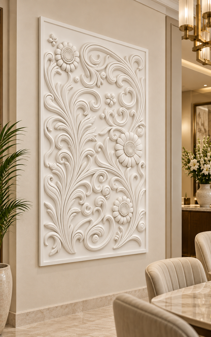 Sunflower Acanthus Scroll Corian wall panel left view in ivory Mumbai formal dining room with warm brass lighting