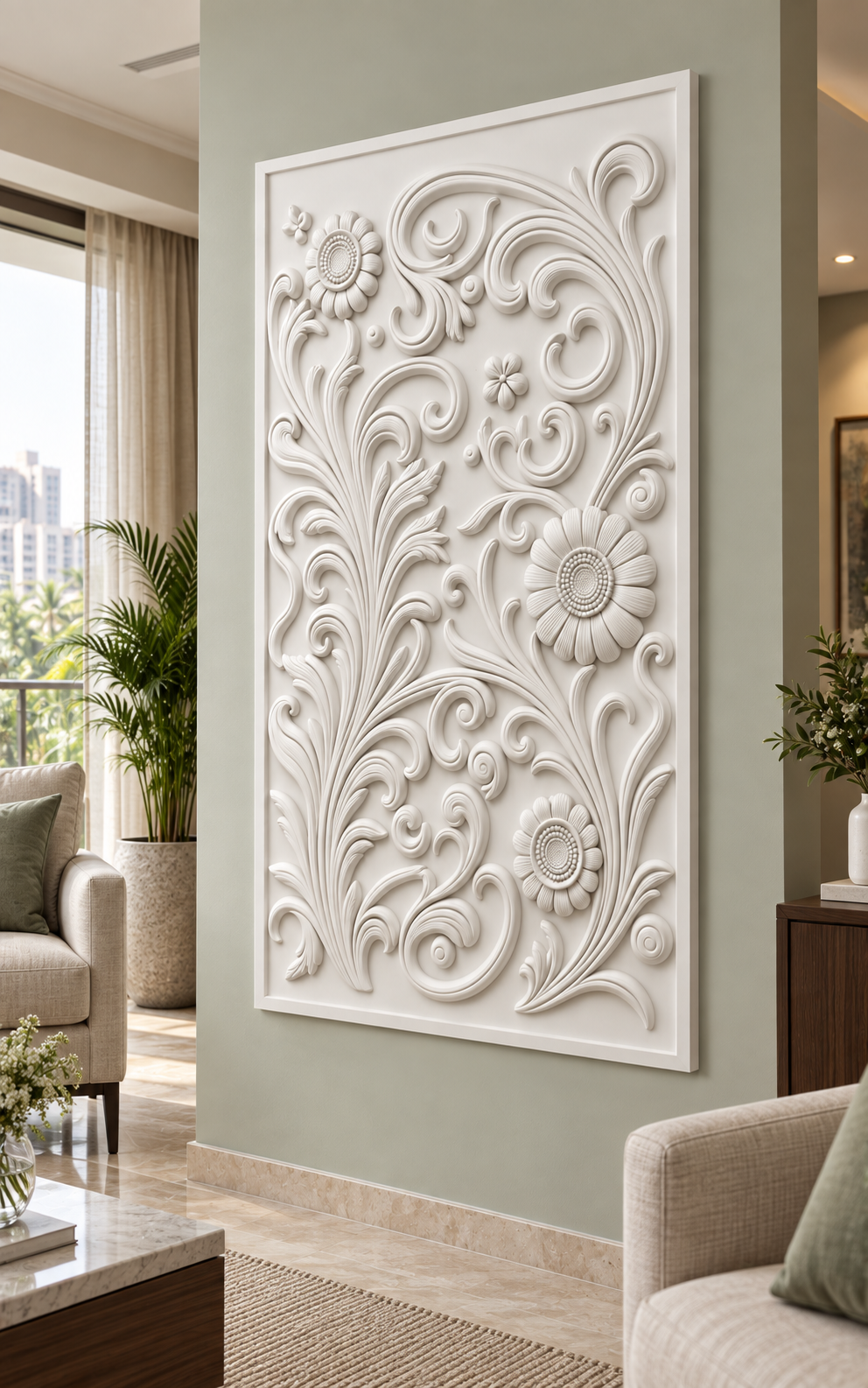 Sunflower Acanthus Scroll Corian wall panel right view in pale sage Mumbai family living room with linen armchairs