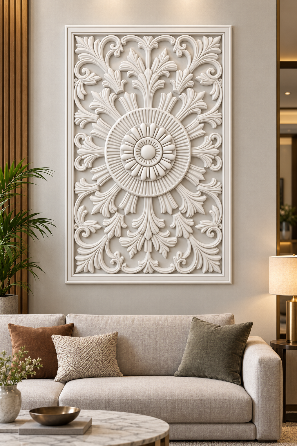 Sunray Acanthus Rosette Corian wall panel, front view on a living room sofa wall in a Mumbai home; AI-assisted concept visualisation
