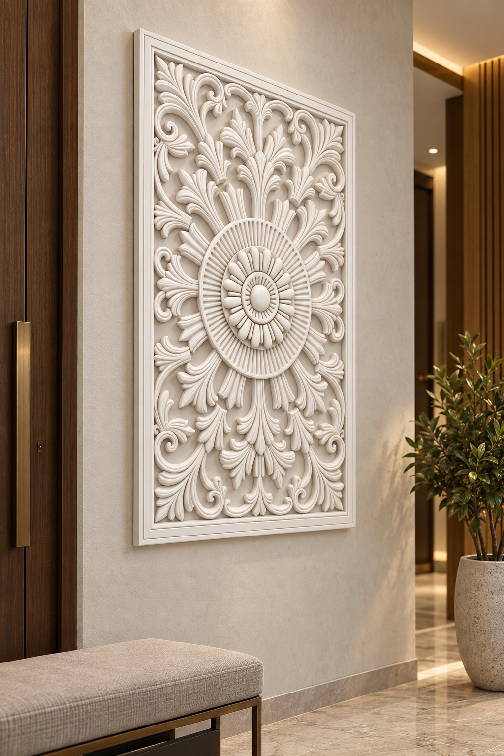 Sunray Acanthus Rosette Corian wall panel, left view on an entrance reception wall in a Mumbai home; AI-assisted concept visualisation