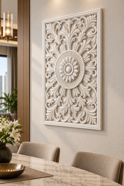 Sunray Acanthus Rosette Corian wall panel, right view on a dining room feature wall in a Mumbai home; AI-assisted concept visualisation
