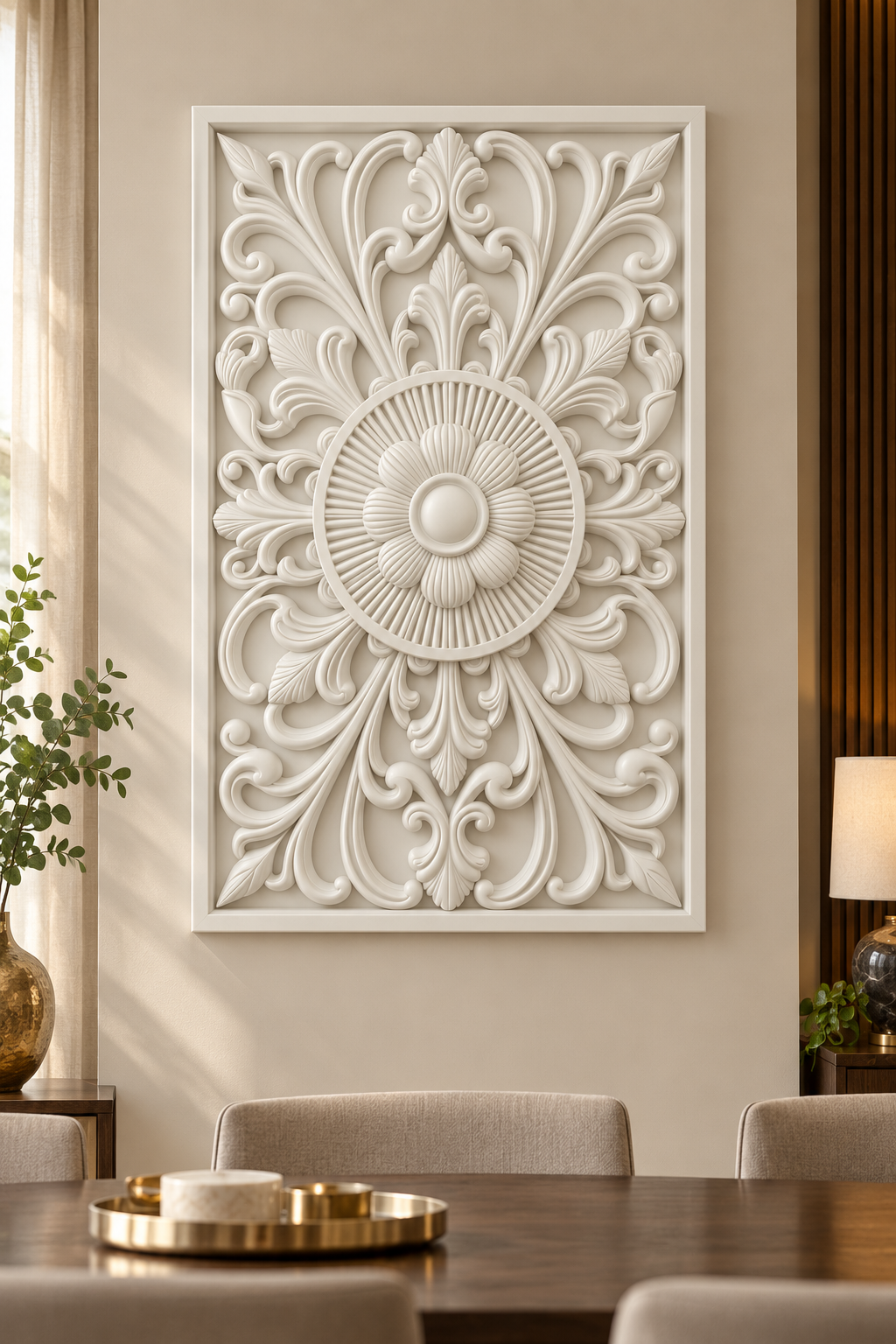 Sunray Daisy Palmette Corian wall panel, front view on a formal dining room wall in a Mumbai home; AI-assisted concept visualisation