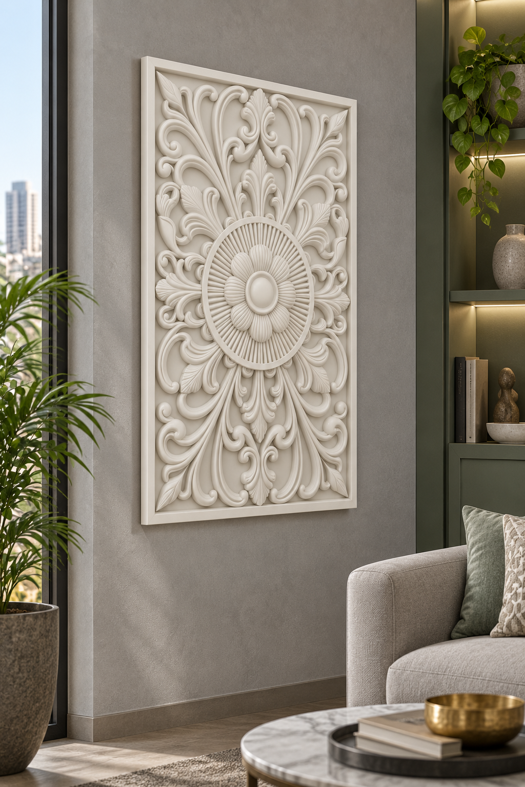 Sunray Daisy Palmette Corian wall panel, left view on a living room accent wall in a Mumbai home; AI-assisted concept visualisation