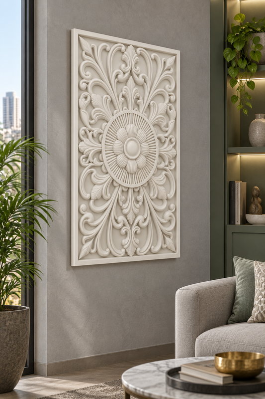 Sunray Daisy Palmette Corian wall panel, left view on a living room accent wall in a Mumbai home; AI-assisted concept visualisation
