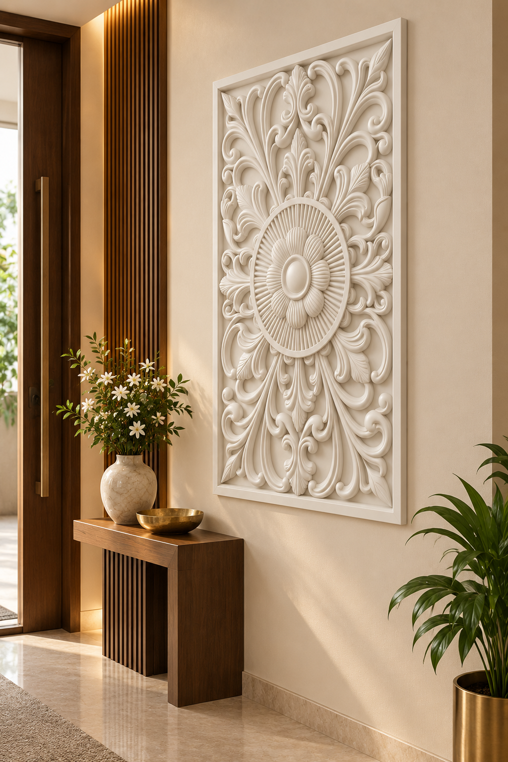 Sunray Daisy Palmette Corian wall panel, right view on an entrance foyer wall in a Mumbai home; AI-assisted concept visualisation
