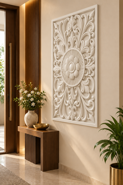 Sunray Daisy Palmette Corian wall panel, right view on an entrance foyer wall in a Mumbai home; AI-assisted concept visualisation