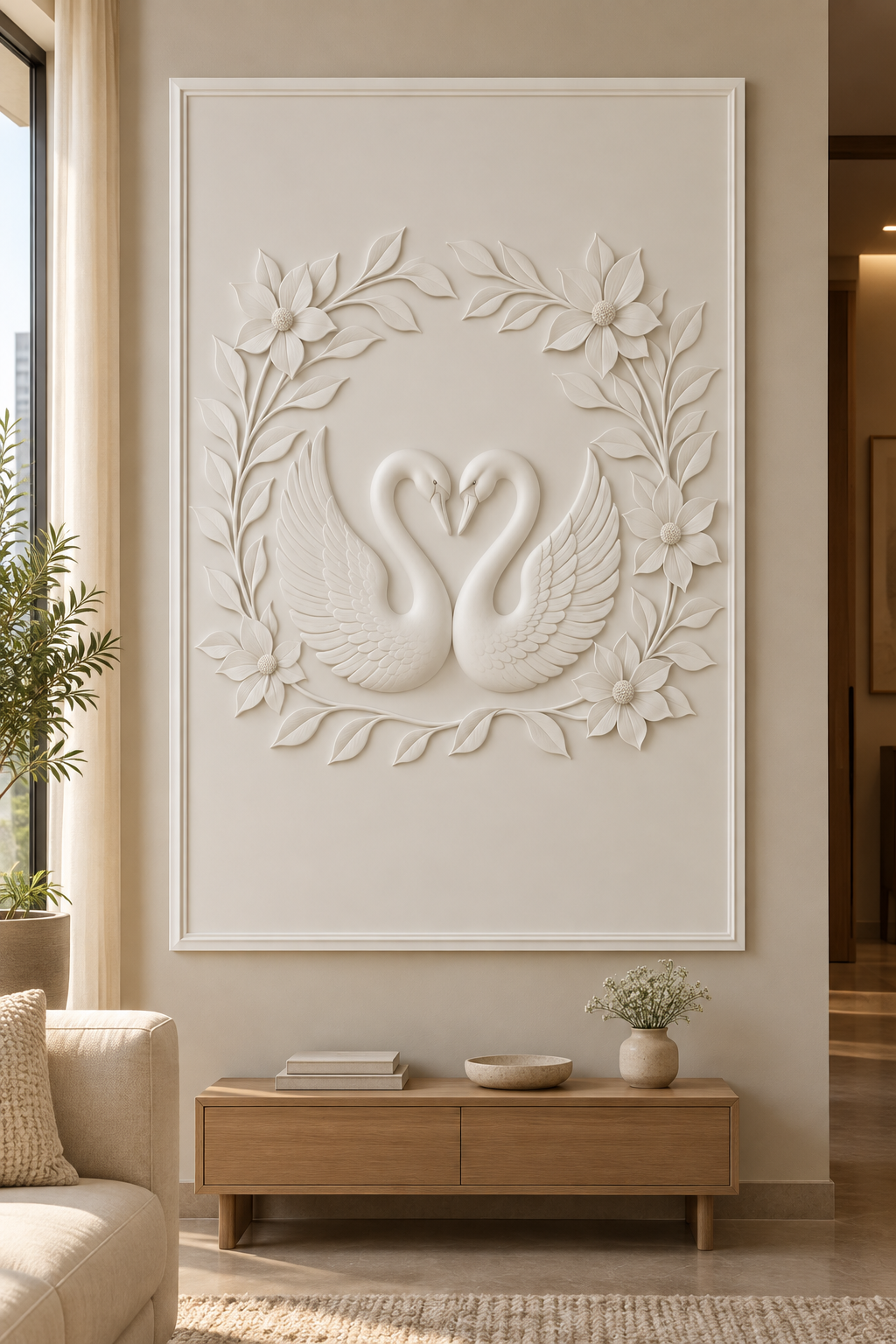 Swan Blossom Embrace Corian wall panel, front view in a Mumbai living room