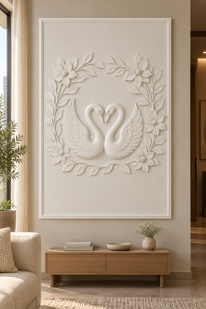 Swan Blossom Embrace Corian wall panel, front view in a Mumbai living room