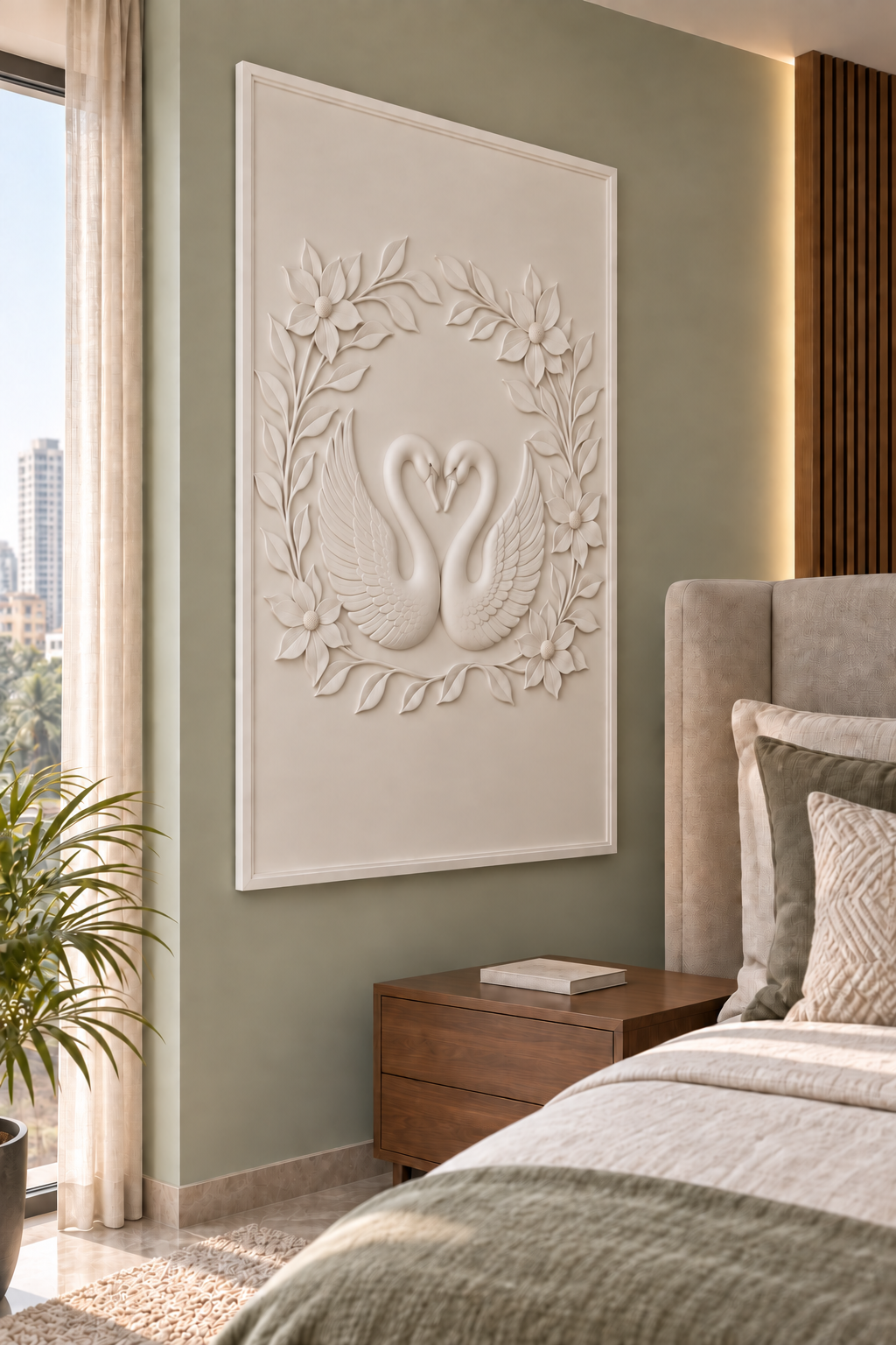 Swan Blossom Embrace Corian wall panel, left view in a Mumbai bedroom