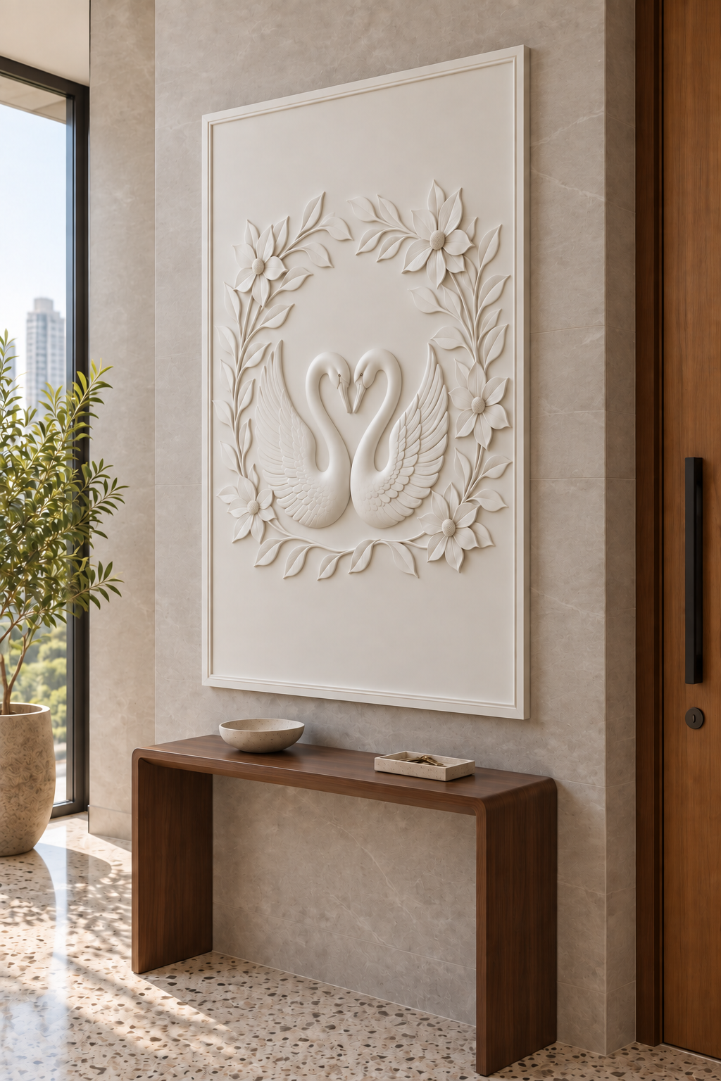 Swan Blossom Embrace Corian wall panel, right view in a Mumbai entrance foyer