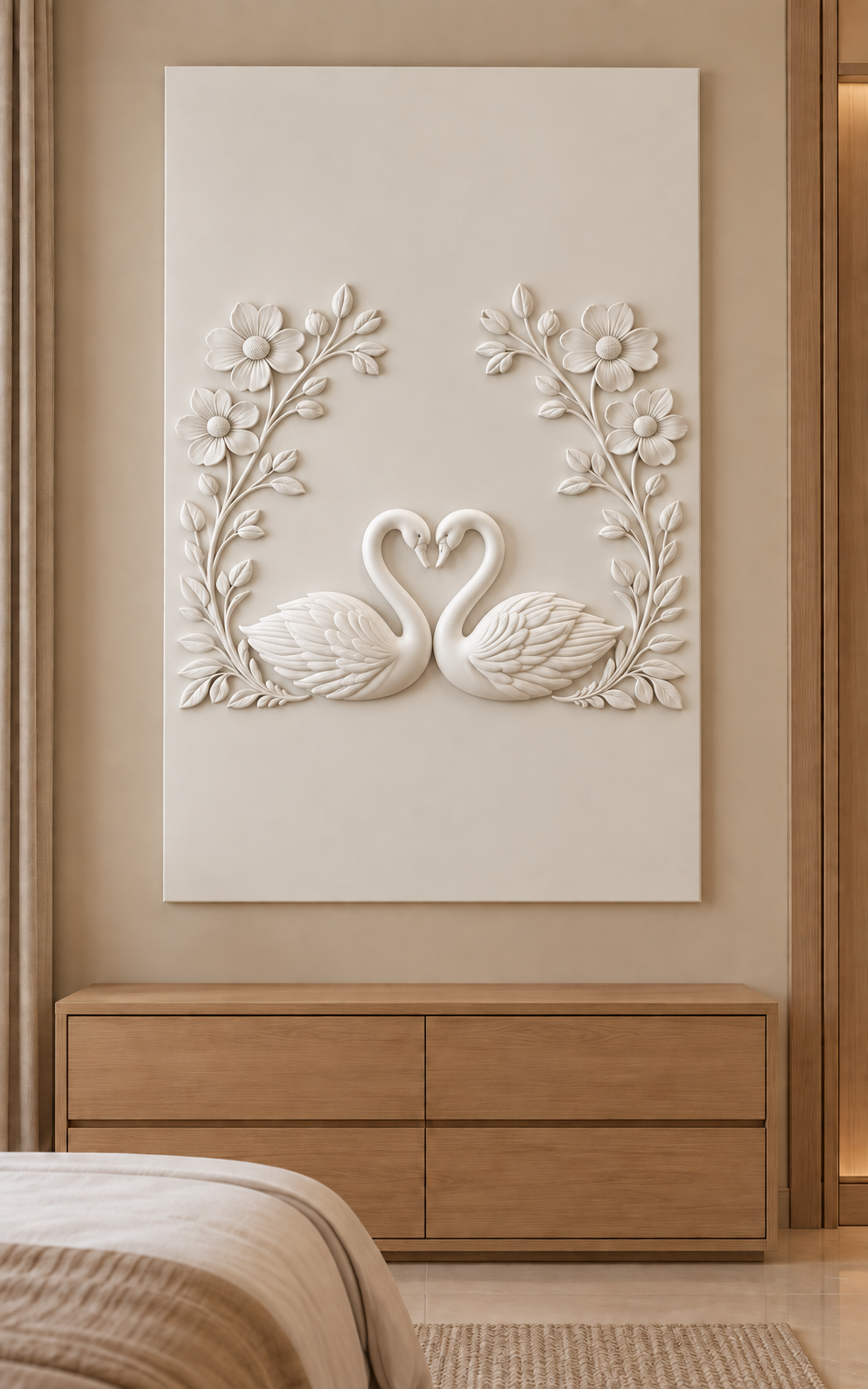 Swan Heart Four Blossom Arch satin white Corian wall panel, front view in a warm beige Mumbai bedroom with a low oak dresser.