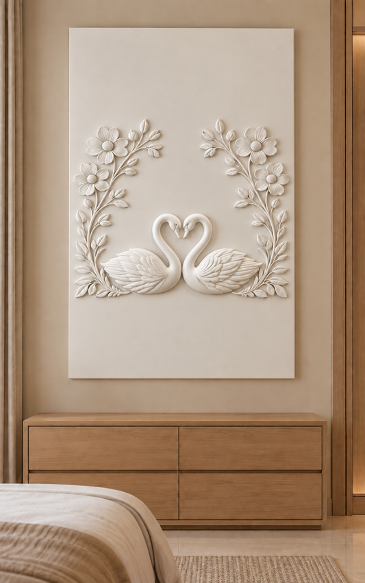 Swan Heart Four Blossom Arch satin white Corian wall panel, front view in a warm beige Mumbai bedroom with a low oak dresser.