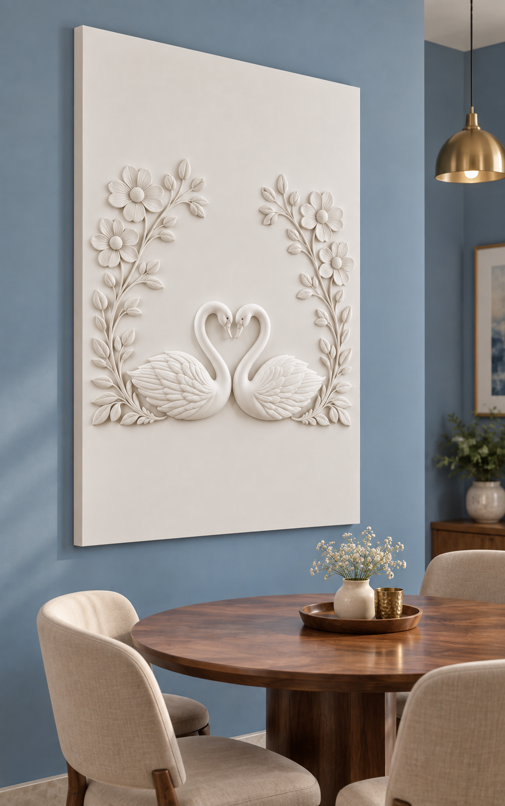 Swan Heart Four Blossom Arch satin white Corian wall panel, left view in a dusty blue Mumbai dining nook with a walnut table.