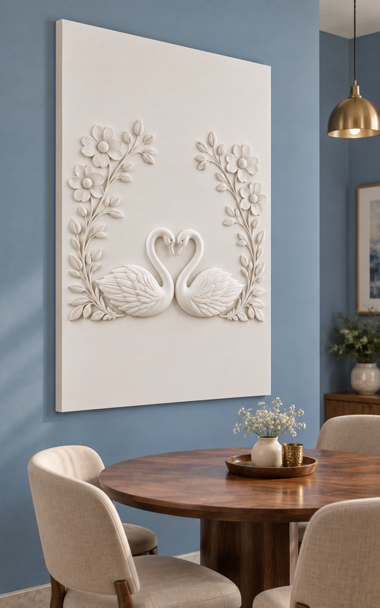 Swan Heart Four Blossom Arch satin white Corian wall panel, left view in a dusty blue Mumbai dining nook with a walnut table.