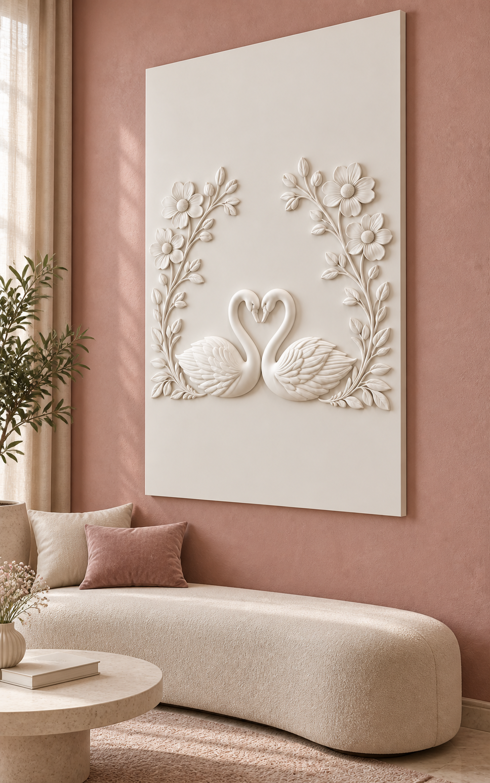 Swan Heart Four Blossom Arch satin white Corian wall panel, right view in a soft rose Mumbai lounge with a cream upholstered bench.