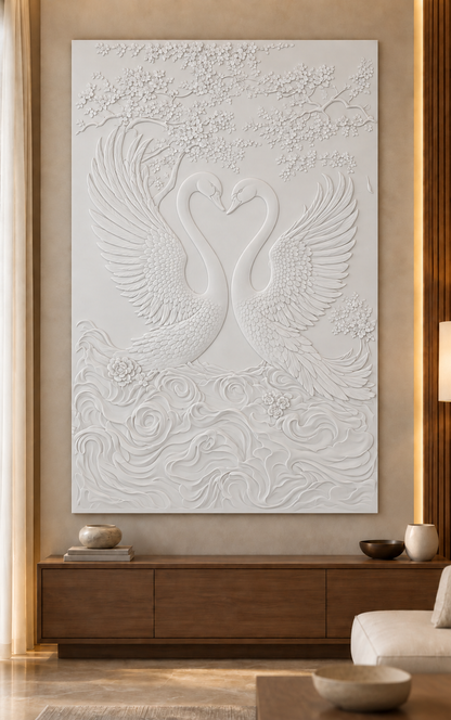 CWP-655 Swan Heart Garden Corian Wall Panel, 2.5 ft wide x 4 ft high, front view in a Mumbai living room; AI-assisted concept visualisation