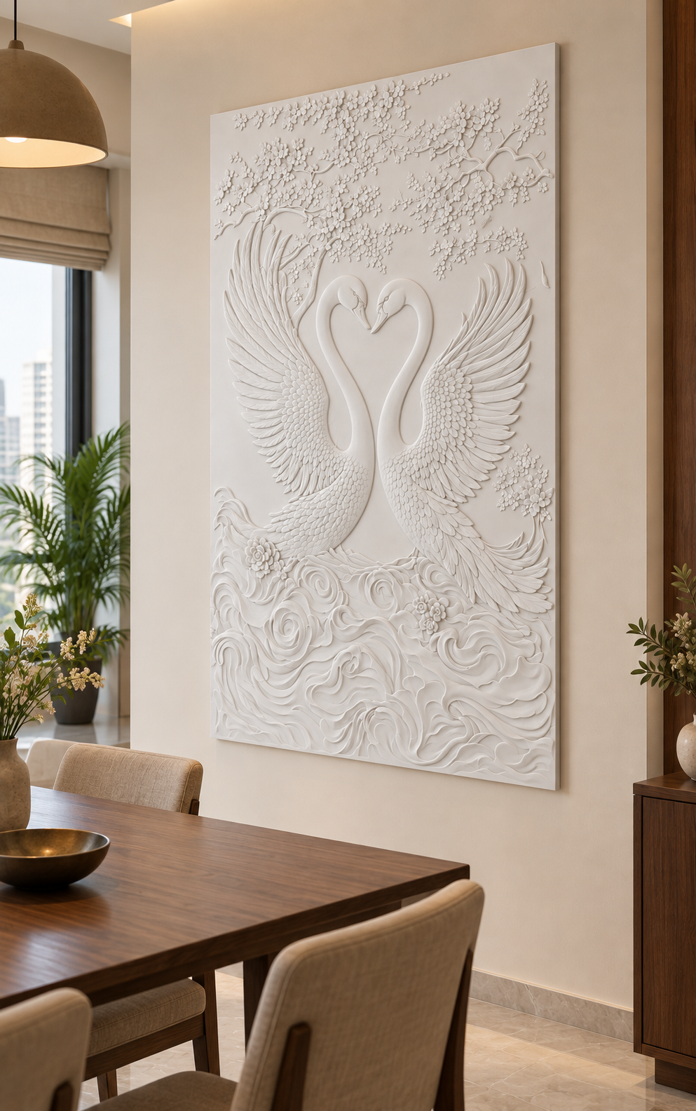CWP-655 Swan Heart Garden Corian Wall Panel, 2.5 ft wide x 4 ft high, right view in a Mumbai dining room; AI-assisted concept visualisation