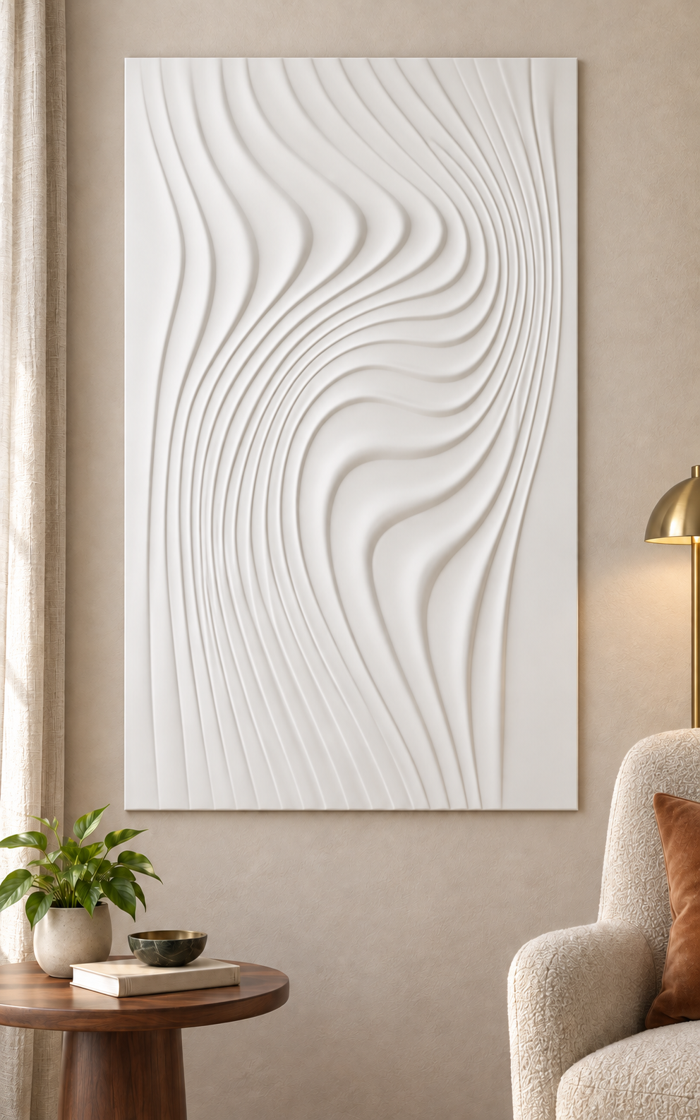 Swaying Stream Ribbons Corian wall panel, front view in a Mumbai bedroom reading corner; AI-assisted concept visualisation