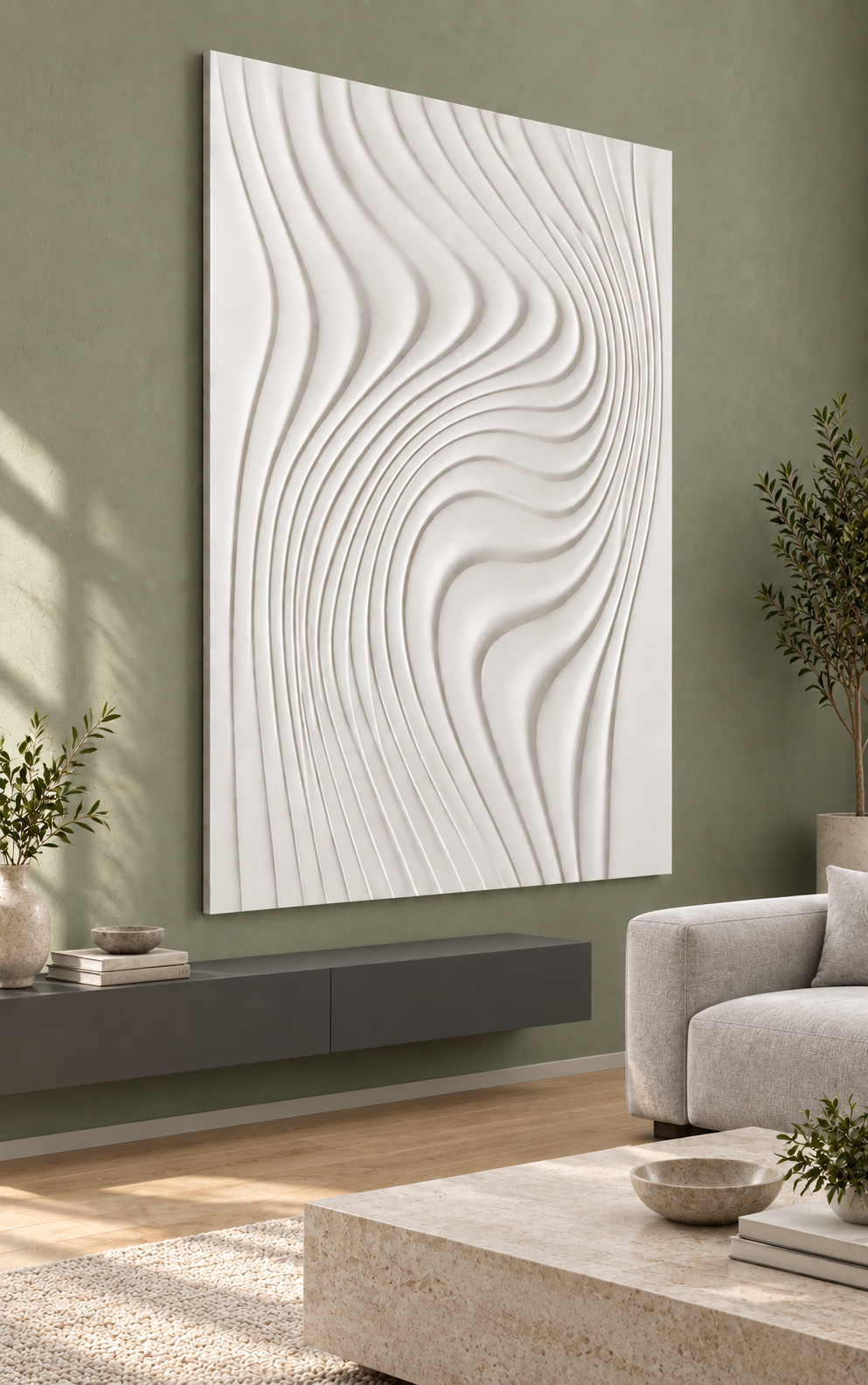 Swaying Stream Ribbons Corian wall panel, left view in a Mumbai minimal living room; AI-assisted concept visualisation