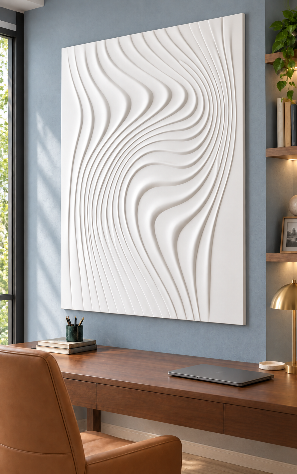 Swaying Stream Ribbons Corian wall panel, right view in a Mumbai study accent wall; AI-assisted concept visualisation