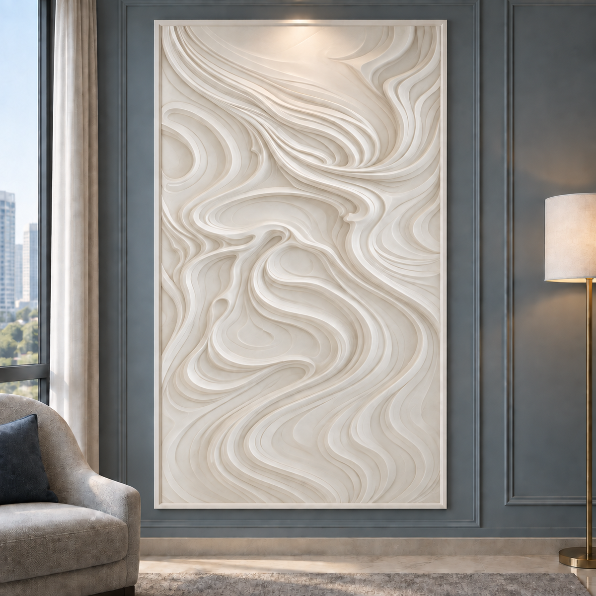 Sweeping Current Fold Corian wall panel, 2.5 x 4 ft, front view in a Blue-grey reading lounge