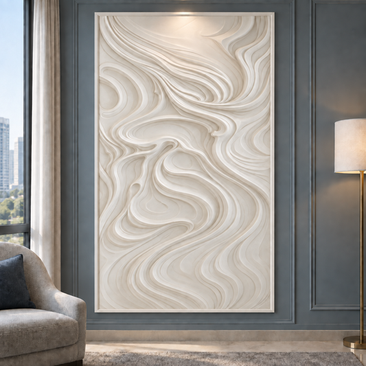 Sweeping Current Fold Corian wall panel, 2.5 x 4 ft, front view in a Blue-grey reading lounge