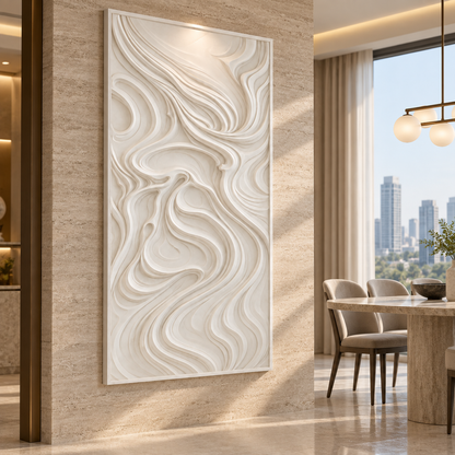 Sweeping Current Fold Corian wall panel, 2.5 x 4 ft, left view in a Travertine dining nook
