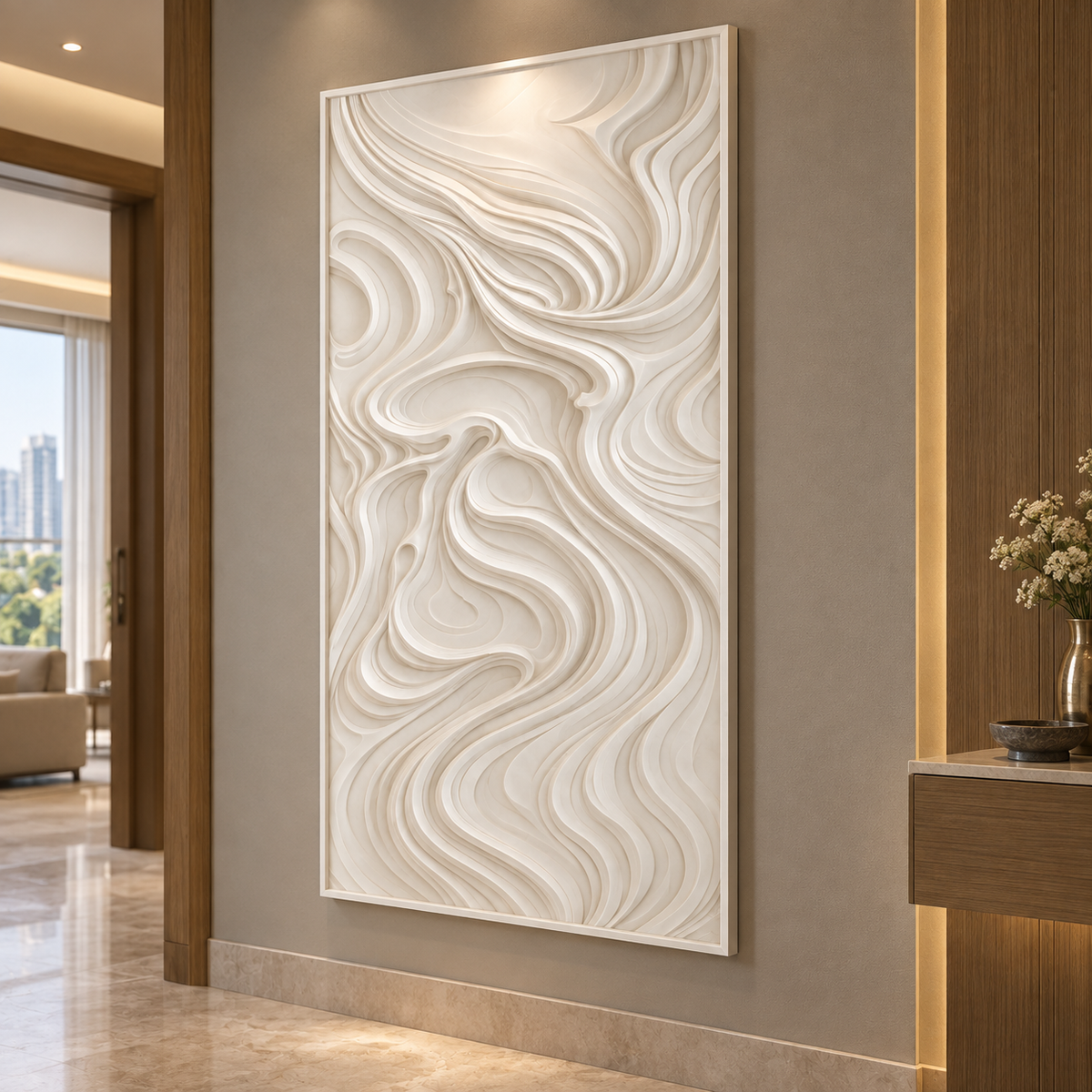 Sweeping Current Fold Corian wall panel, 2.5 x 4 ft, right view in a Warm oak apartment hallway