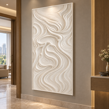 Sweeping Current Fold Corian wall panel, 2.5 x 4 ft, right view in a Warm oak apartment hallway