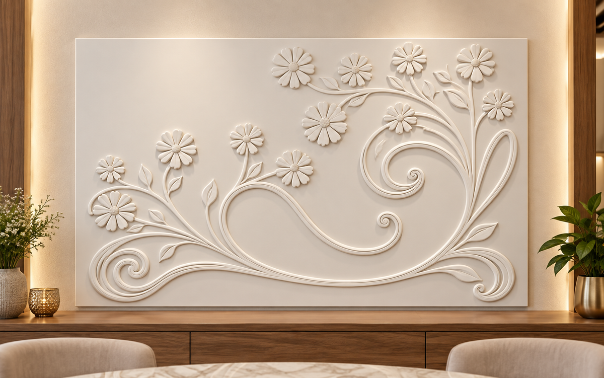 Sweeping Daisy Scrolls Corian wall panel, front view in a Mumbai dining room sideboard wall; AI-assisted concept visualisation