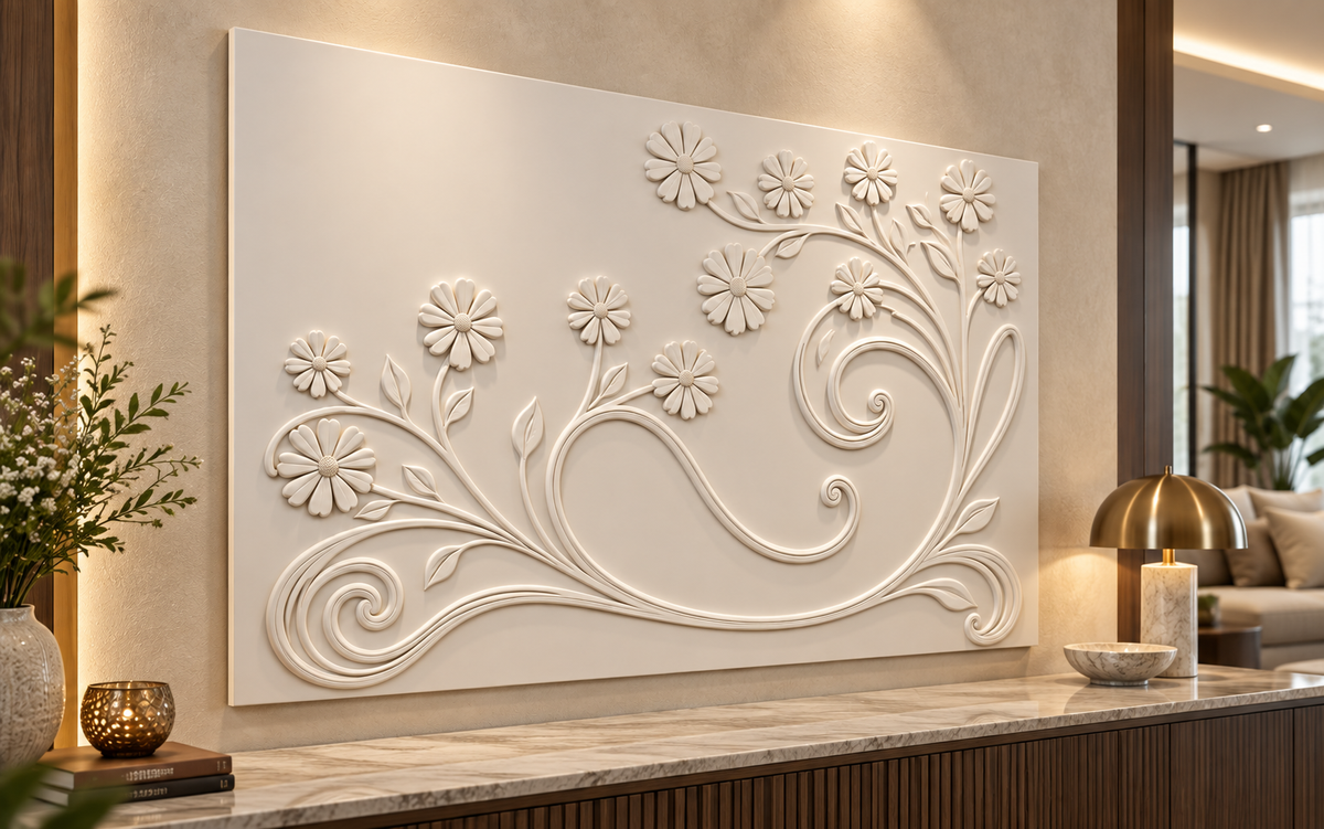 Sweeping Daisy Scrolls Corian wall panel, left view in a Mumbai living room console wall; AI-assisted concept visualisation
