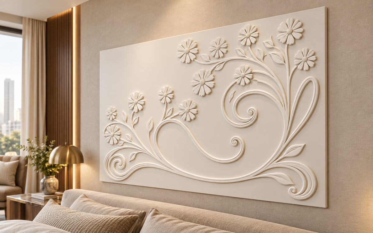 Sweeping Daisy Scrolls Corian wall panel, right view in a Mumbai bedroom lounge; AI-assisted concept visualisation