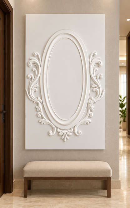 Front view of the white Sweeping Oval Scroll Corian Wall Panel with a solid inset centre in a compact luxury Mumbai apartment corridor