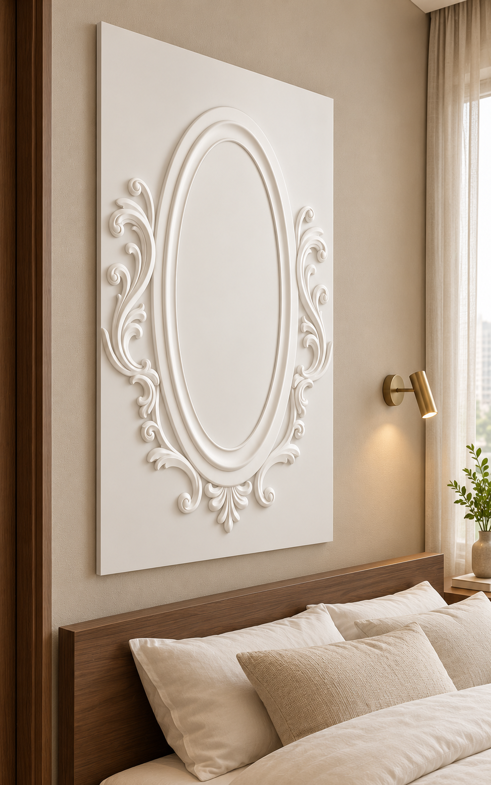 Left-angle view of the white Sweeping Oval Scroll Corian Wall Panel with a solid inset centre in a compact luxury Mumbai apartment bedroom