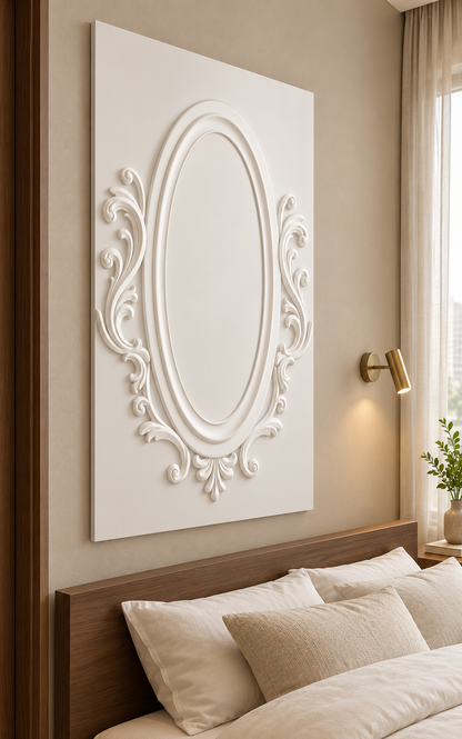 Left-angle view of the white Sweeping Oval Scroll Corian Wall Panel with a solid inset centre in a compact luxury Mumbai apartment bedroom