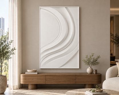 Sweeping Parallel Contours Corian Wall Panel CWP-435, front view in a luxury Mumbai minimal living room; white Corian relief concept visualisation