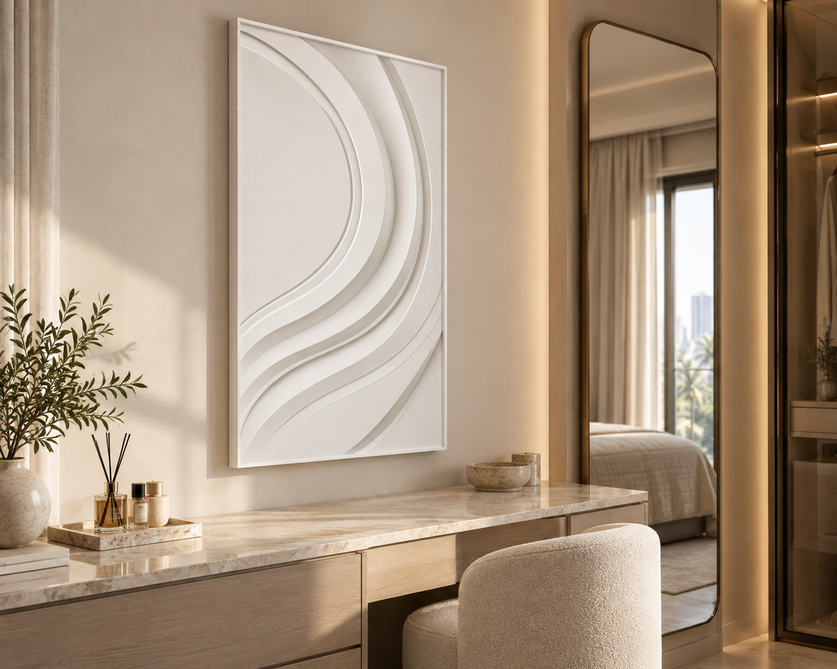 Sweeping Parallel Contours Corian Wall Panel CWP-435, left view in a luxury Mumbai bedroom dressing area; white Corian relief concept visualisation