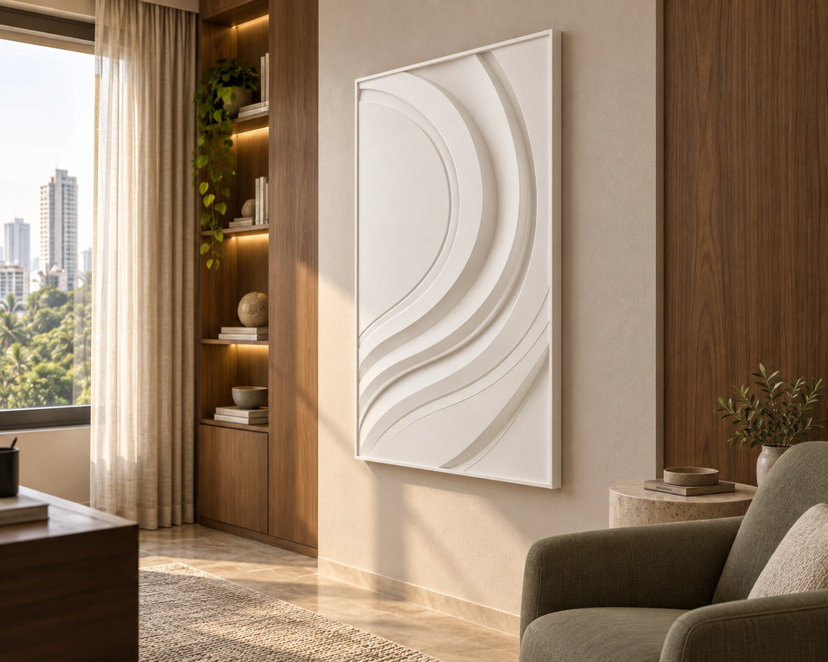 Sweeping Parallel Contours Corian Wall Panel CWP-435, right view in a luxury Mumbai study lounge; white Corian relief concept visualisation