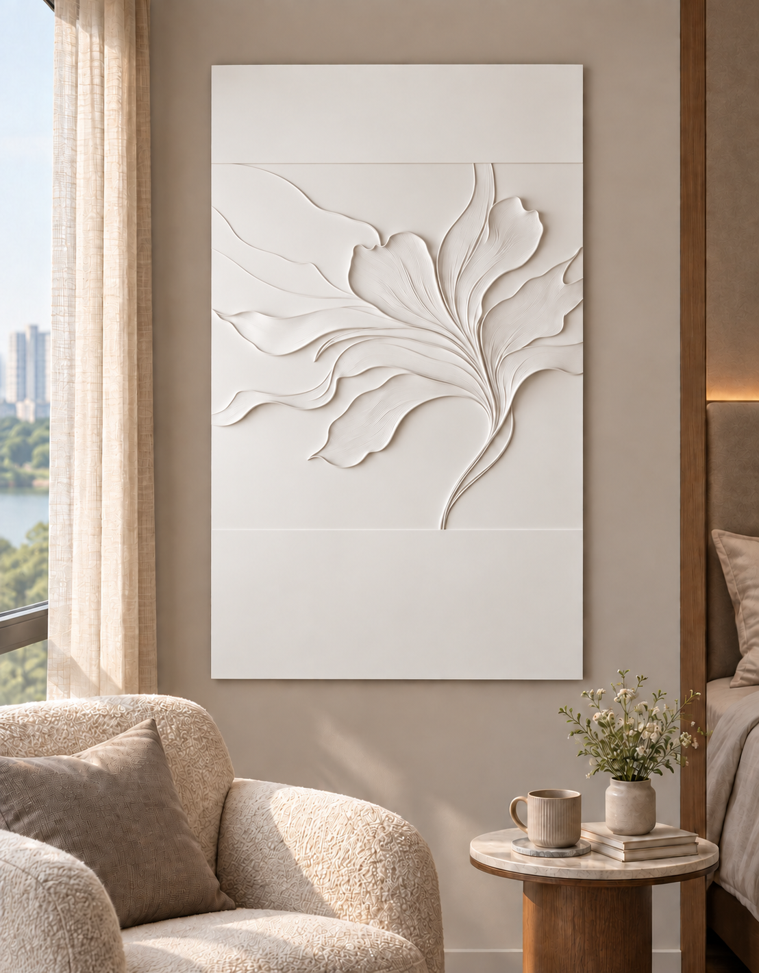 Sweeping Petal Veins Corian wall panel, front view in a Powai bedroom reading alcove, with shallow satin white relief