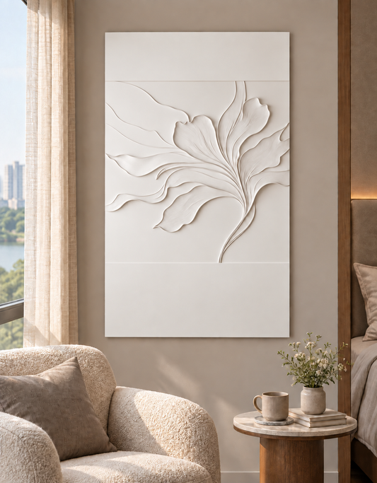 Sweeping Petal Veins Corian wall panel, front view in a Powai bedroom reading alcove, with shallow satin white relief