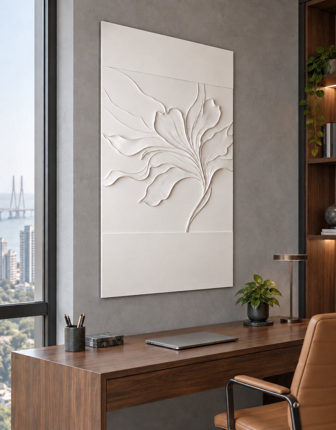 Sweeping Petal Veins Corian wall panel, left view in a Worli home office, with shallow satin white relief
