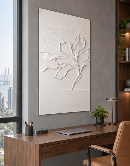 Sweeping Petal Veins Corian wall panel, left view in a Worli home office, with shallow satin white relief