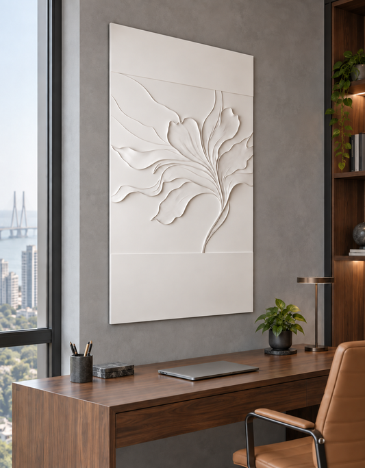 Sweeping Petal Veins Corian wall panel, left view in a Worli home office, with shallow satin white relief