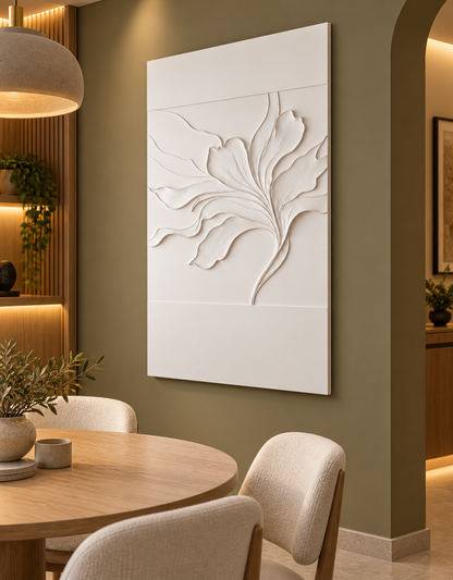 Sweeping Petal Veins Corian wall panel, right view in a Bandra dining corner, with shallow satin white relief