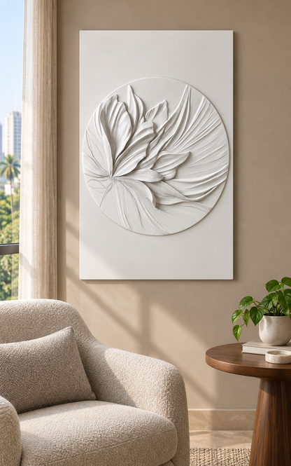 Swept Petal Medallion Corian wall panel, front view in a Mumbai bedroom reading corner with a warm mushroom wall, oatmeal chair and walnut side table.