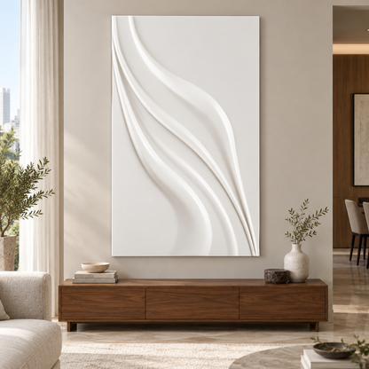Swept Ribbon Current Corian wall panel, front view in a Mumbai minimal living room; AI-assisted concept visualisation
