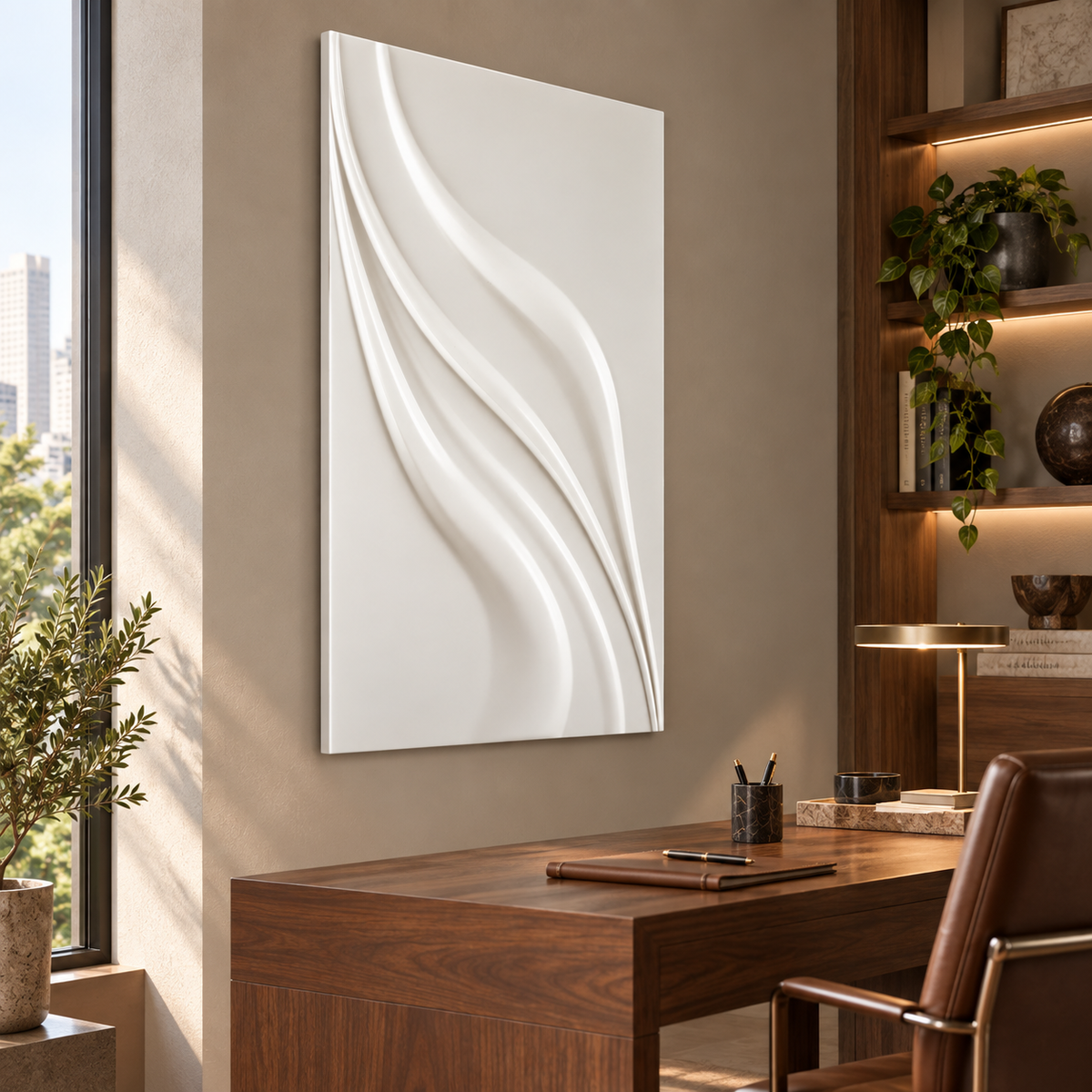 Swept Ribbon Current Corian wall panel, left view in a Mumbai home study; AI-assisted concept visualisation