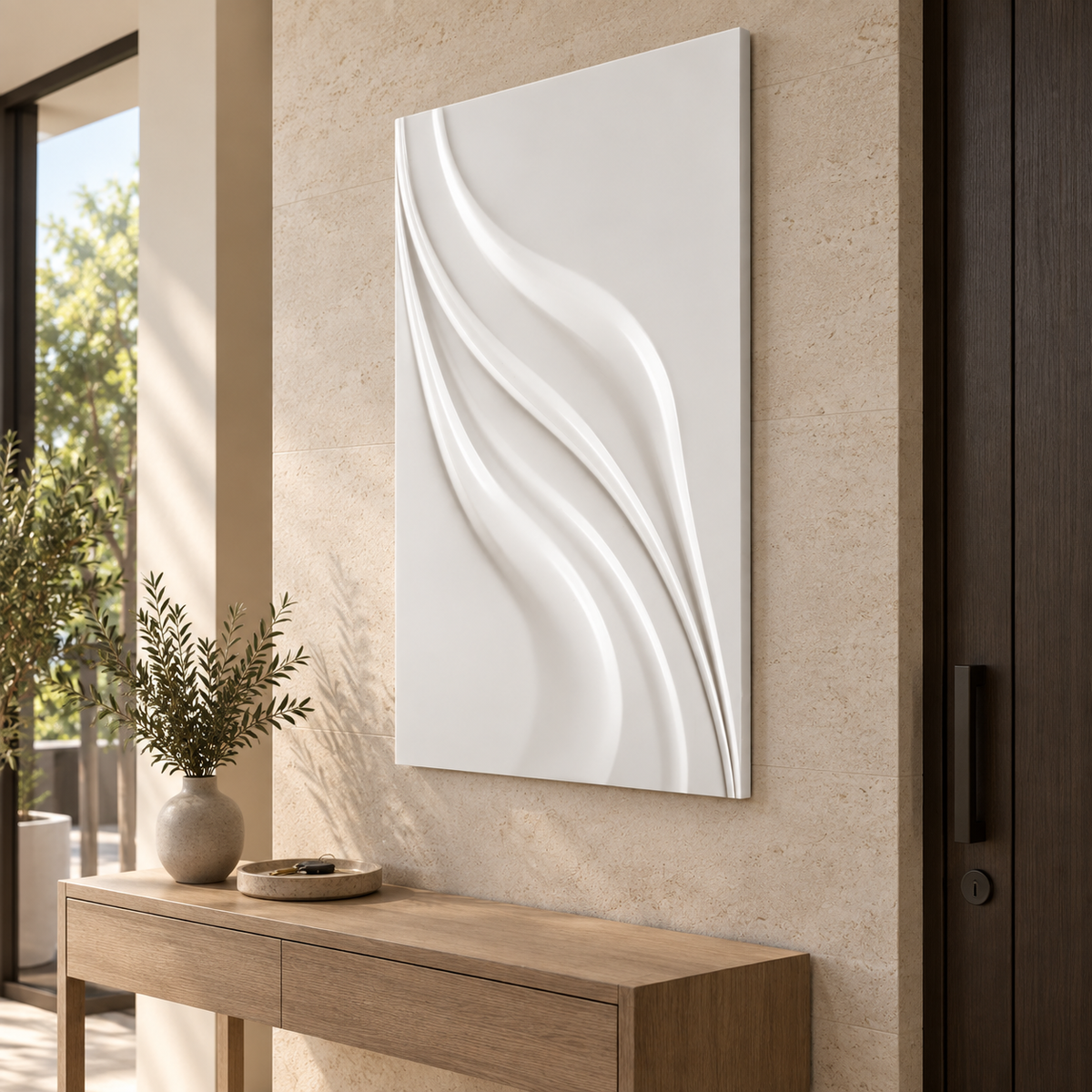 Swept Ribbon Current Corian wall panel, right view in a Mumbai entrance passage; AI-assisted concept visualisation