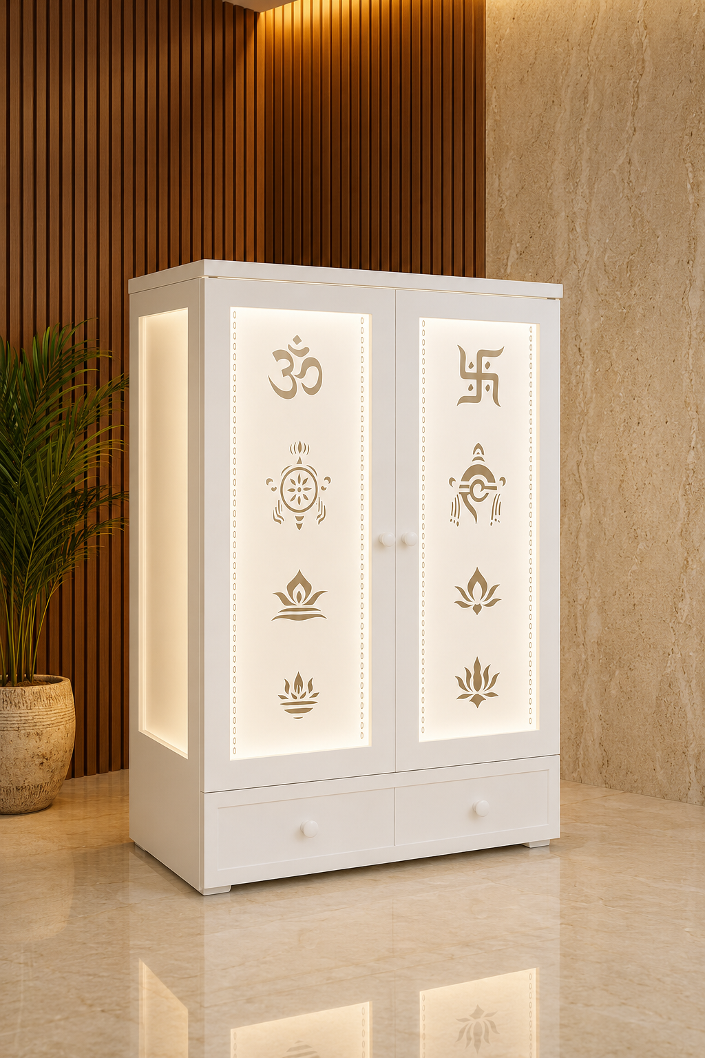 Tall white Corian mandir with illuminated pocket doors and two lower storage drawers